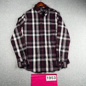 Express Performance Extra Slim Shirt Burgundy Plaid Button Up Long Sleeve Mens L